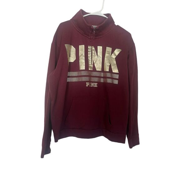 PINK Victoria’s Secret Womens Maroon Quarter Zip Pullover Sweatshirt Size Large - Picture 2 of 11